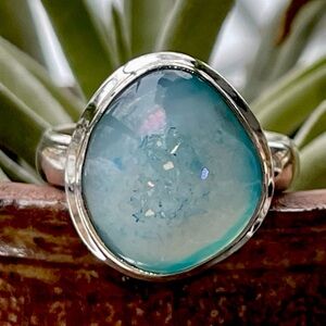 Marine Blue Aura Druzy Gemstone Sterling Silver Ring | sz 8